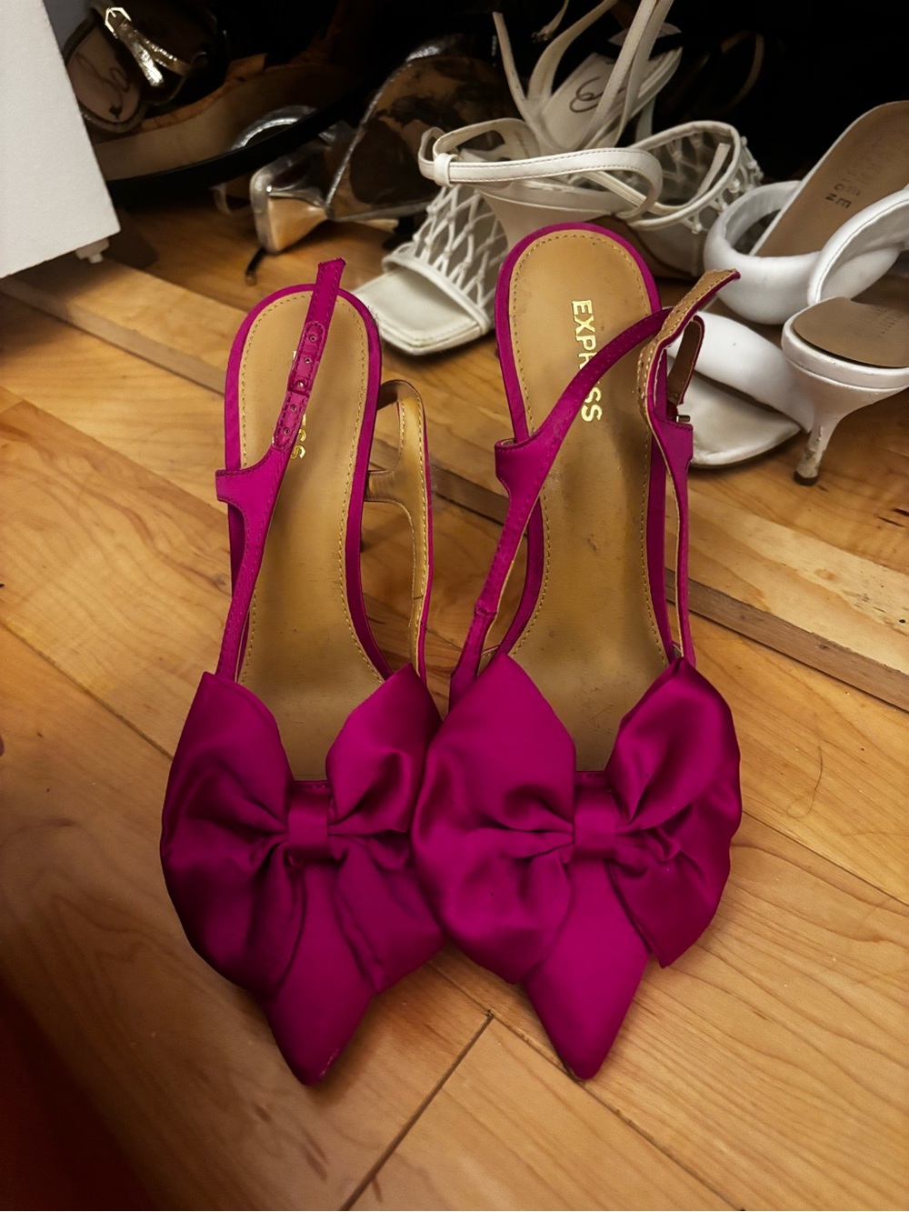 Express Fuchsia Satin Bow Slingback Heels
